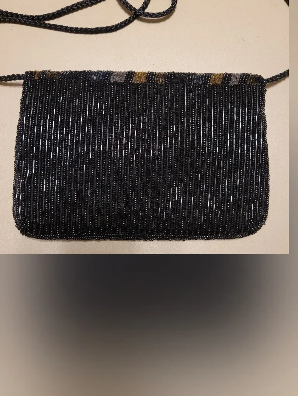 Black Beaded Evening Bag with Gold & Silver Accents.